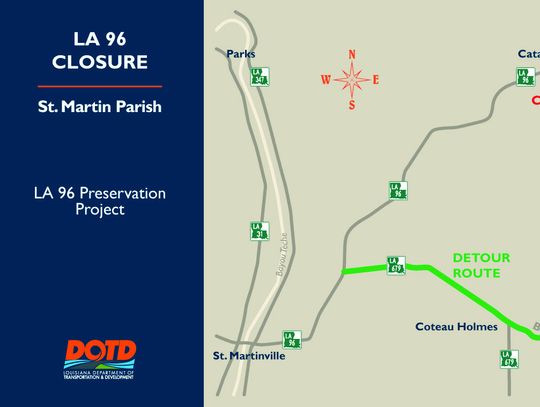 Road closure scheduled on La 96 for drainage improvements