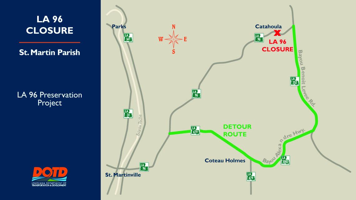 Road closure scheduled on La 96 for drainage improvements Road closure scheduled on La 96 for drainage improvements